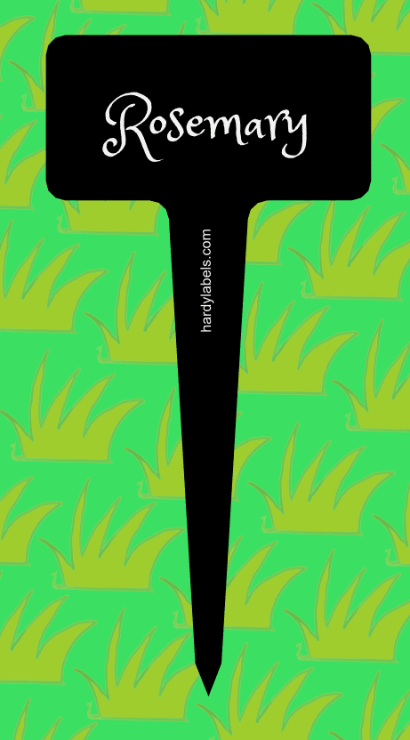 Aluminium herb marker by Hardy Labels This shows the black and white label with Rosemary written in the Princess Sofia font